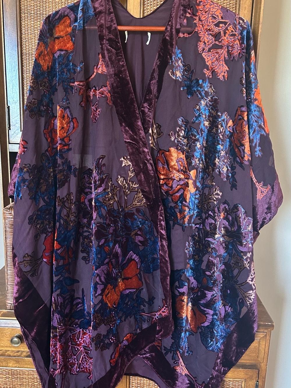 NATURAL LIFE Purple Velvet-Trim Floral Burnout Kimono with Orange & Blue Accents